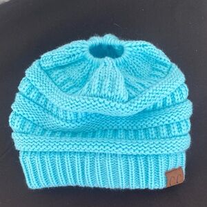C.C Bright Blue Knit Beanie with ponytail opening
